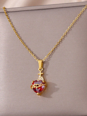 Sacred heart of Jesus Red CZ stone necklace