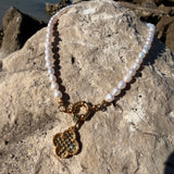 Freshwater pearl charm necklace with embossed clover 18K GP