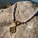 Freshwater pearl charm necklace with embossed clover 18K GP