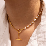 Heart chain Andy T-bar with freshwater pearl necklace