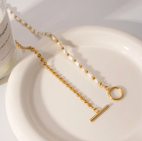 Heart chain Andy T-bar with freshwater pearl necklace