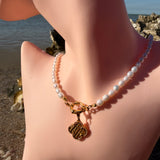 Freshwater pearl charm necklace with embossed clover 18K GP